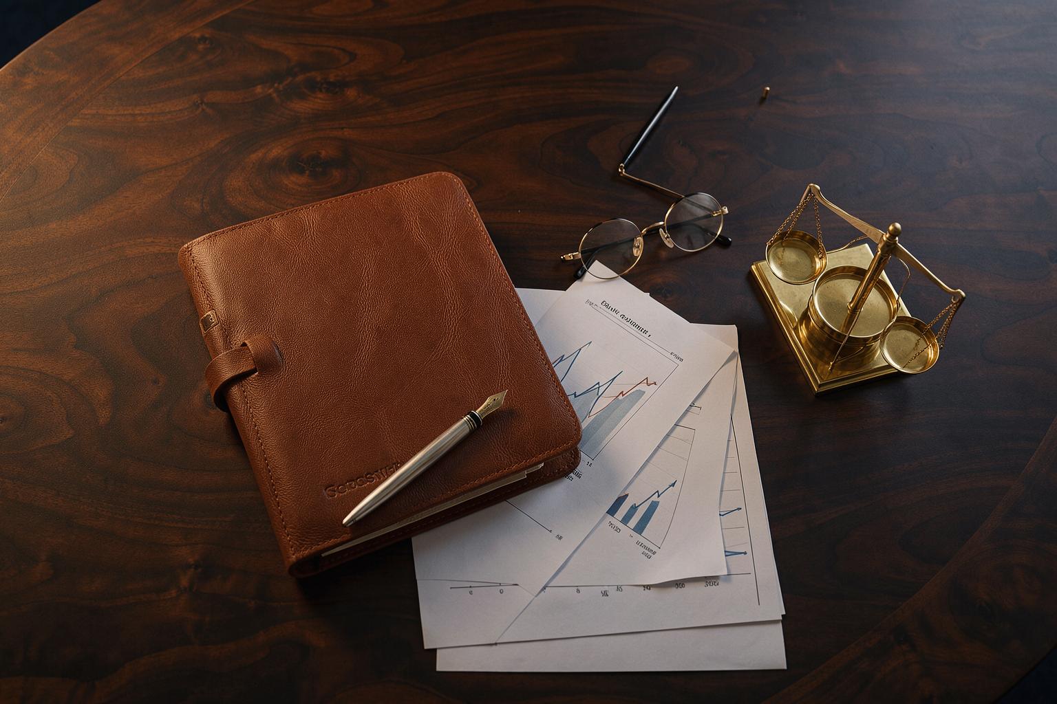 A consultant's desk with a leather folio, fountain pen and balance scale