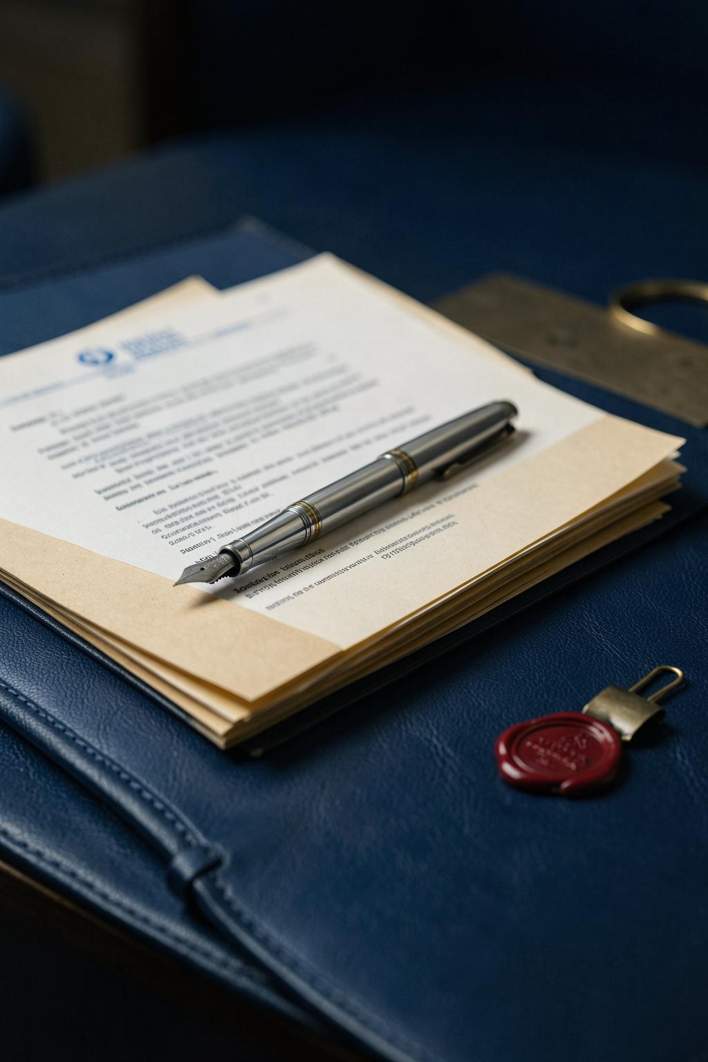 A sealed document with a fountain pen on a navy desk